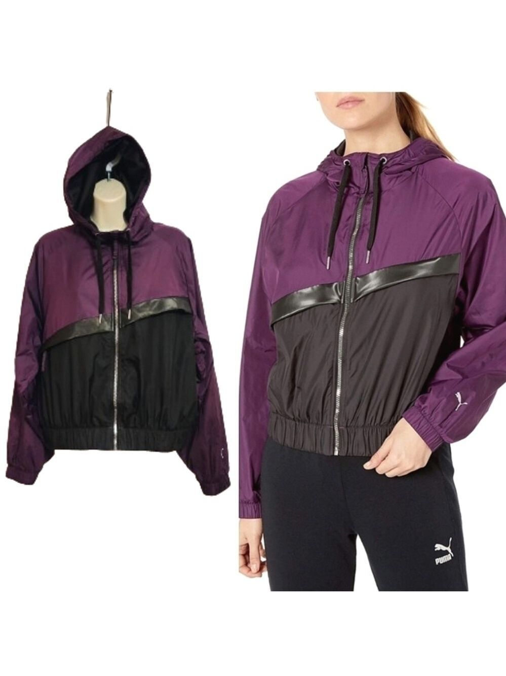 Puma After Glow Zip Hooded Cropped Jacket Large Purple Black
